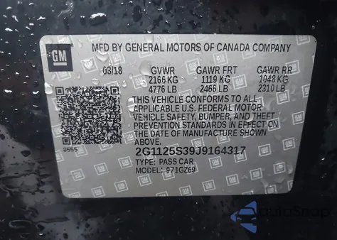 2018 Chevrolet Impala 2Lz z USA, uszkodzony, nr VIN 2G1125S39J9164317